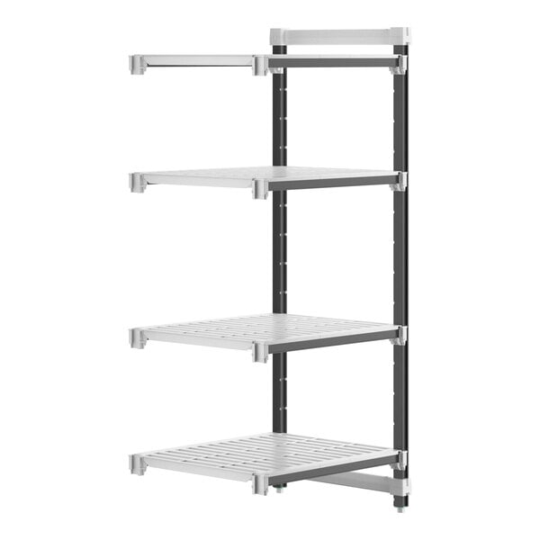 A white Cambro Camshelving Elements add-on unit with black shelves.