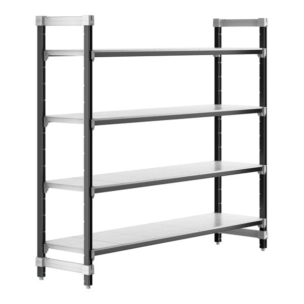 A black metal Cambro Camshelving Elements starter unit with four shelves.