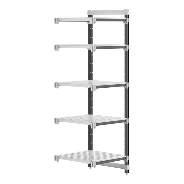 A white and grey Cambro Camshelving Elements XTRA 5-shelf add-on unit.