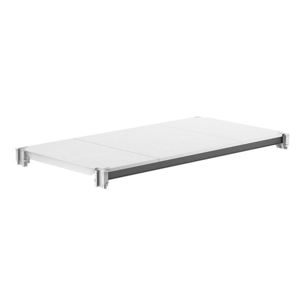 A white rectangular Cambro Camshelving® shelf with metal legs and a gray border.