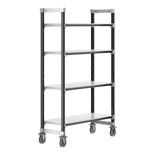A black and silver Cambro Camshelving unit with white shelves on wheels.
