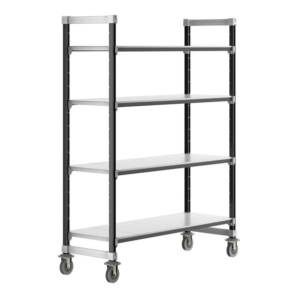 A grey metal Cambro Camshelving unit with four solid shelves and wheels.