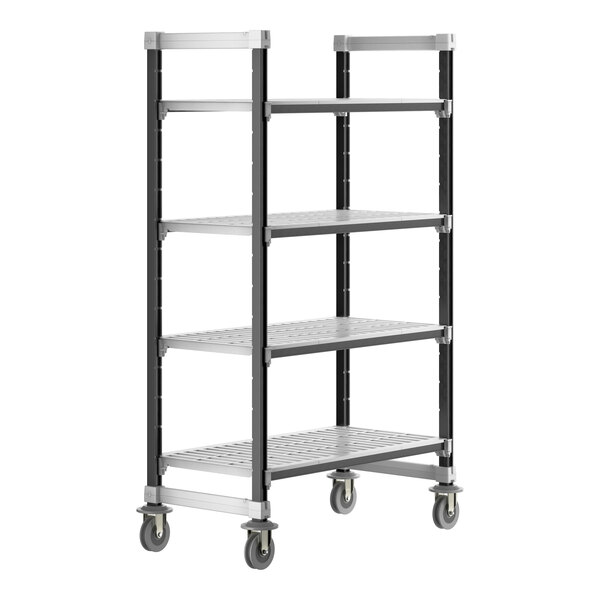 A black and grey metal Cambro Camshelving unit with wheels and four vented shelves.