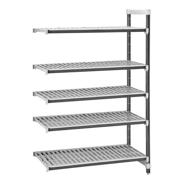 A Cambro Elements XTRA 5-shelf vented add-on unit for Camshelving with a grey metal shelf.