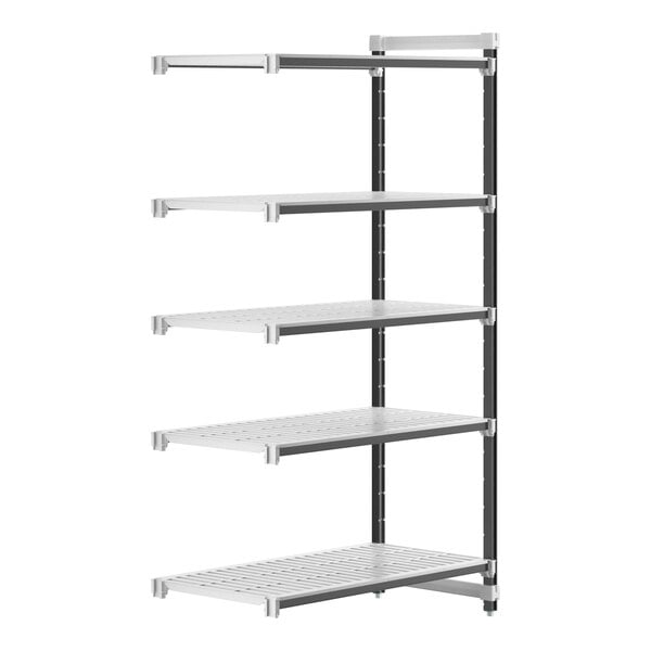 A white vented Camshelving Elements add-on unit shelf with black handles and holes.