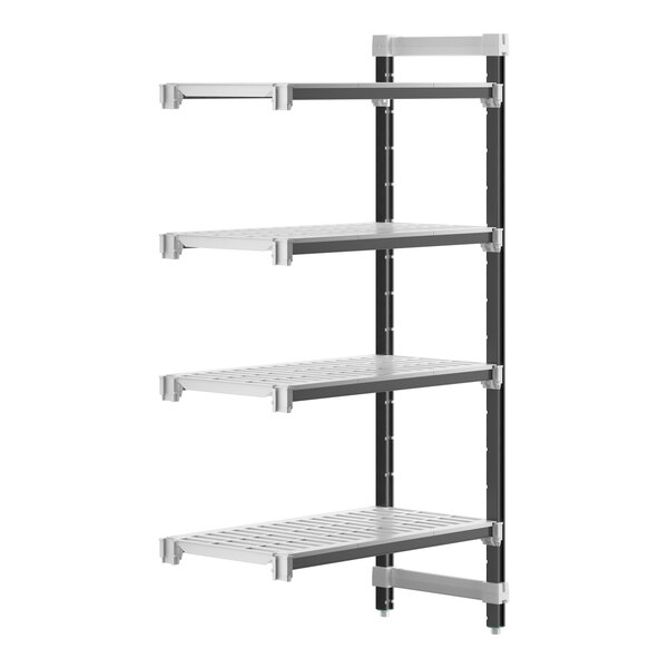 A white metal Camshelving Elements XTRA add-on shelf with vented shelves.
