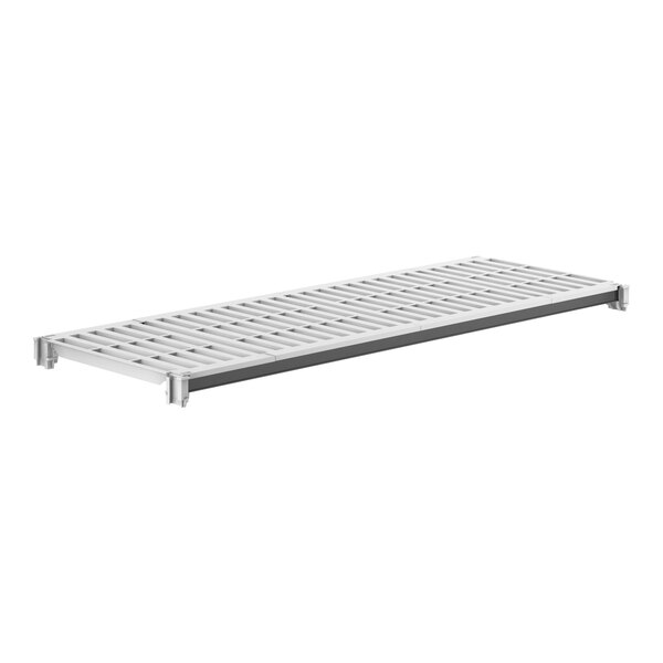 A white rectangular metal shelf with vented holes.