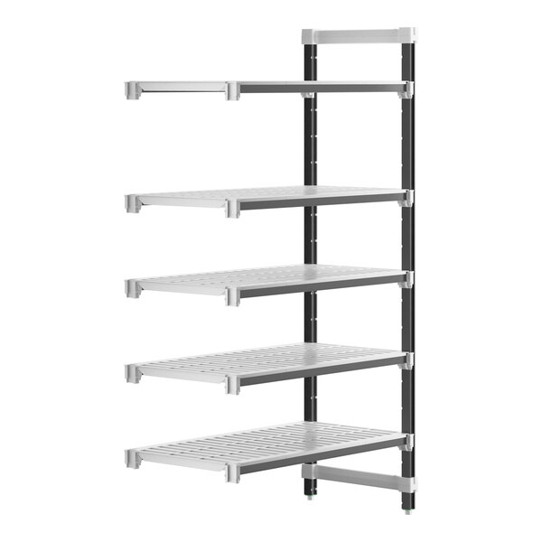 A Cambro Camshelving® Elements XTRA vented shelf with four shelves.