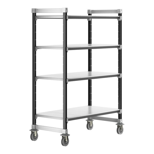 A black metal Cambro Camshelving unit with white solid shelves and wheels.