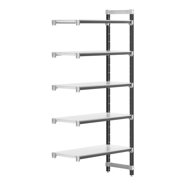 A white Camshelving® Elements XTRA add-on shelf for a Cambro shelving unit with four shelves.