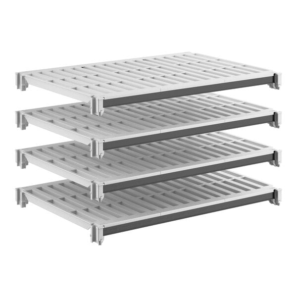 A set of four vented plastic shelving units designed for modular storage.