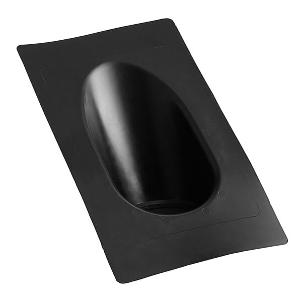 A black rectangular Oatey roof flashing with a hole in the center.