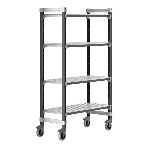 A metal Cambro Camshelving Elements mobile unit with vented shelves and wheels.