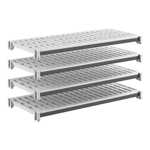 A set of four vented plastic shelving panels designed for modular storage systems.