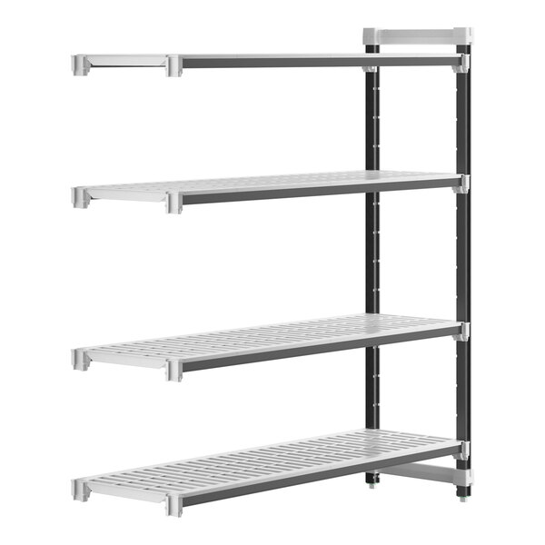 A white metal Camshelving® add-on unit with four shelves with vented rectangular holes.