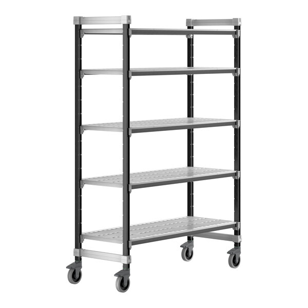 A grey metal Cambro Camshelving Elements mobile unit with 5 shelves and vented shelves.