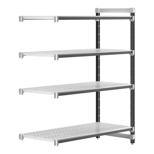 A white metal Cambro Camshelving Elements XTRA add-on unit with four shelves.