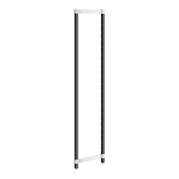 A black rectangular metal frame with white shelves and posts.