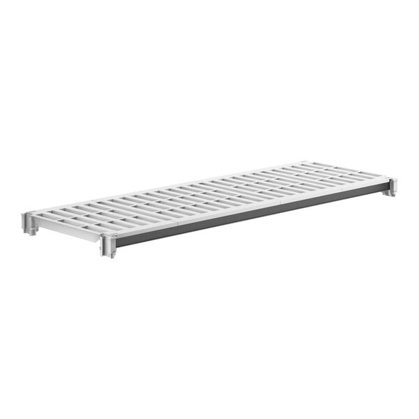 A white metal Camshelving® shelf with vented rectangular holes.