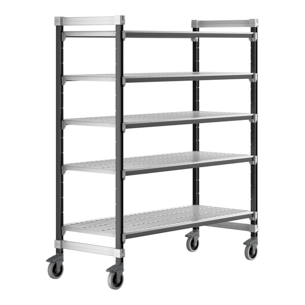 A grey Cambro Camshelving® Elements XTRA 5-shelf mobile unit with vented shelves and wheels.