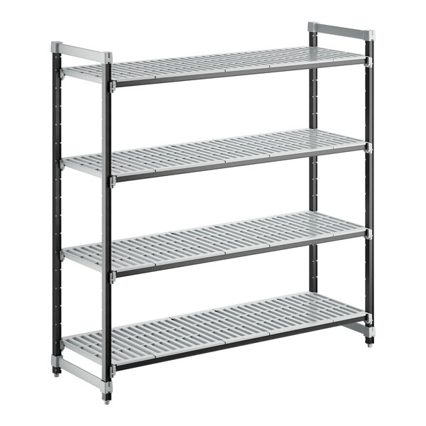 A grey metal Cambro Camshelving Elements starter unit with four vented shelves.