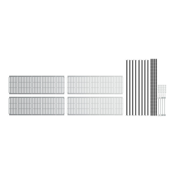 A white Cambro Camshelving unit with several white metal bars.