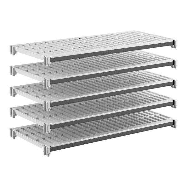 A set of five vented plastic shelving units designed for modular storage.