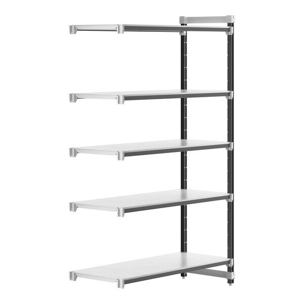 A white and grey Cambro Camshelving Elements XTRA add-on unit with four shelves.