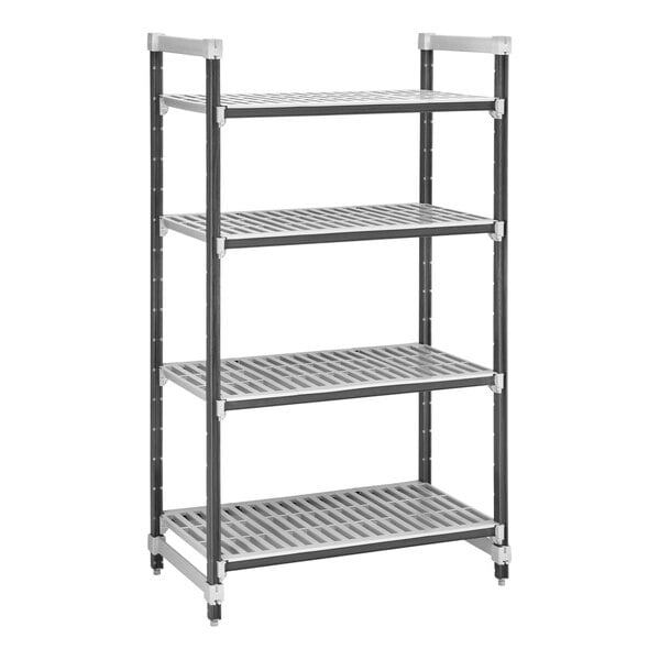 A grey metal Cambro Camshelving Elements starter unit with 5 shelves and wheels.