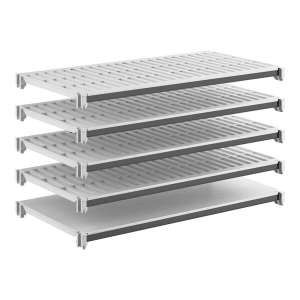 A set of five gray shelving units designed for modular storage, measuring 24 inches by 48 inches.