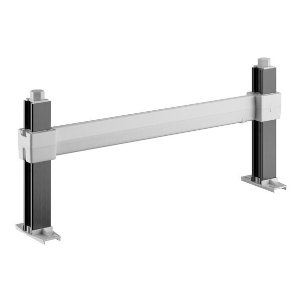 A white rectangular metal Cambro Camshelving® dunnage stand with black metal bars.