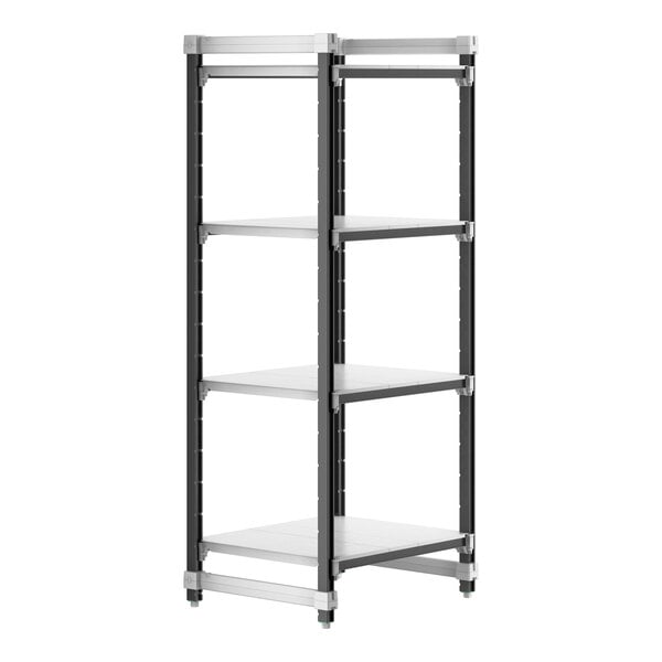 A black and silver metal shelving unit with four shelves.