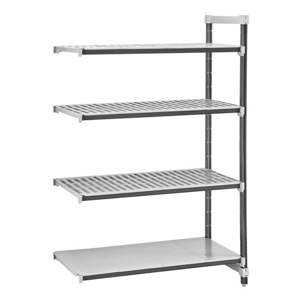 A metal Cambro Camshelving® Elements XTRA add-on shelf unit with four shelves.