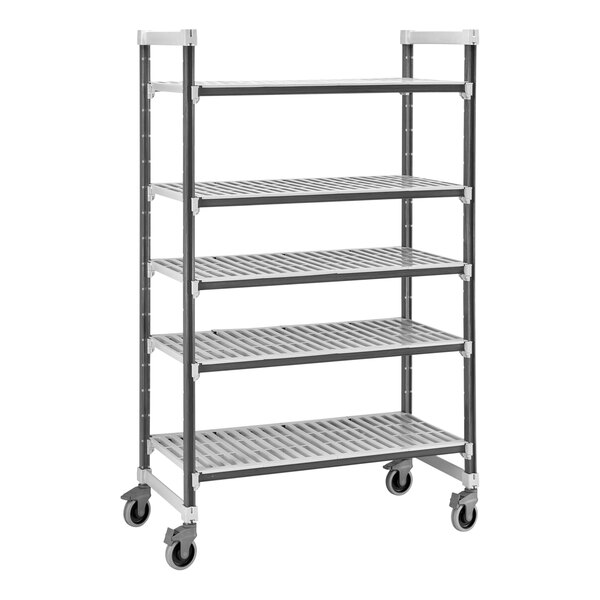 A Cambro Camshelving® Elements XTRA mobile unit with 5 vented shelves and wheels.