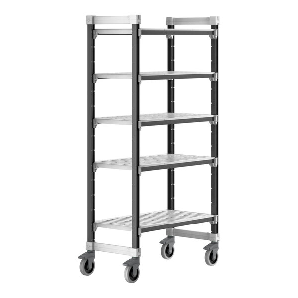 A Cambro Elements 5-shelf metal cart with wheels.