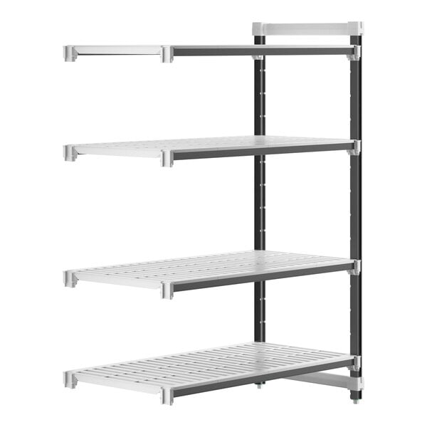 A white and grey Cambro Camshelving Elements XTRA 4-shelf add-on unit.