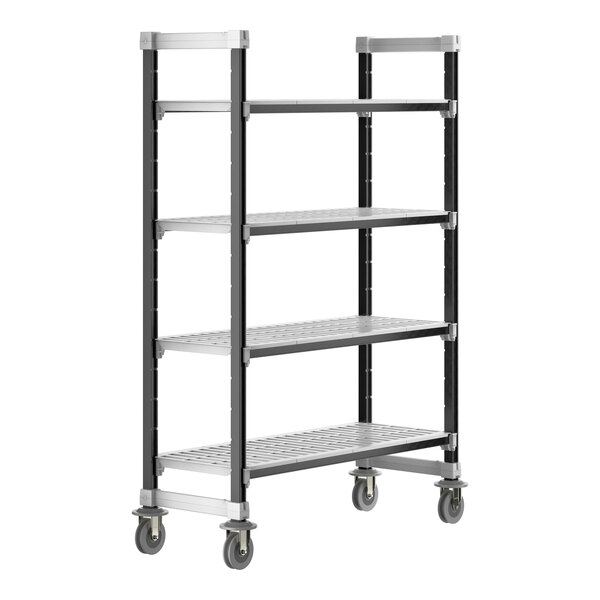 A black metal Cambro 4-shelf mobile unit.