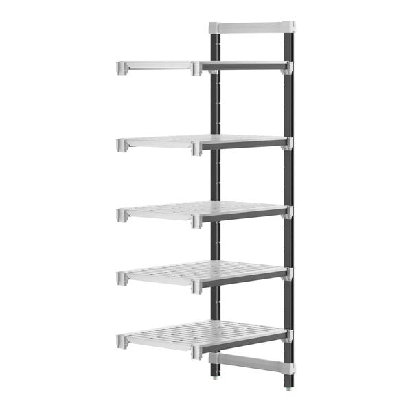A metal Cambro Camshelving® Elements XTRA add-on shelf unit with four shelves.