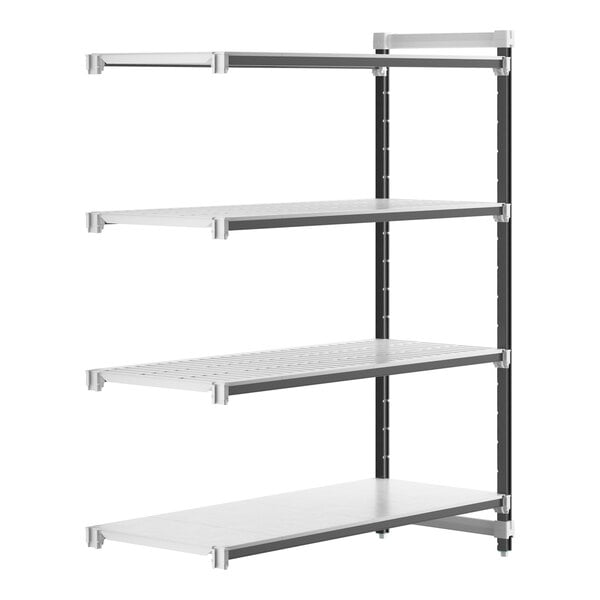 A white metal Cambro Camshelving® Elements XTRA add-on unit with black metal legs and shelves.