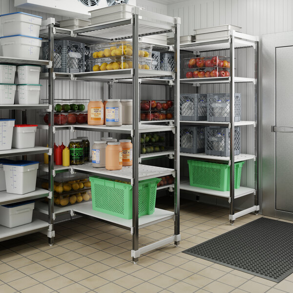 A storage room with Cambro Camshelving Elements XTRA shelves holding food.