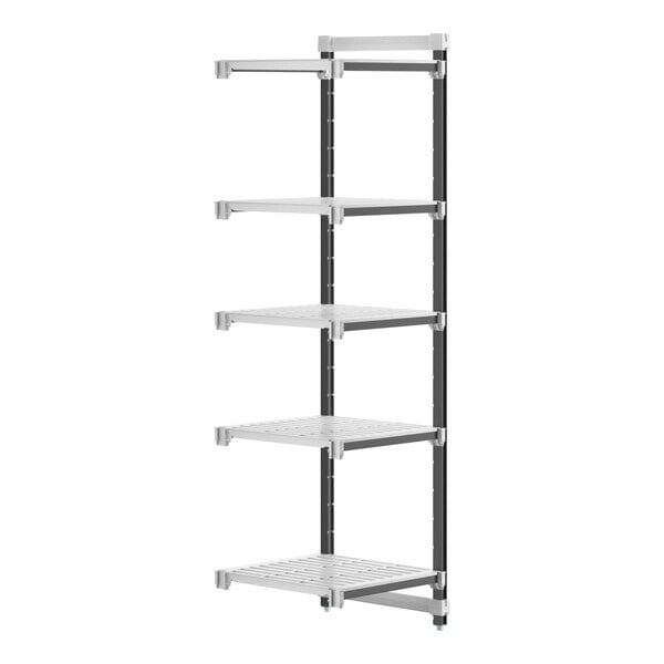 A white and black Cambro Camshelving® Elements XTRA Add-On Unit with 5 shelves.