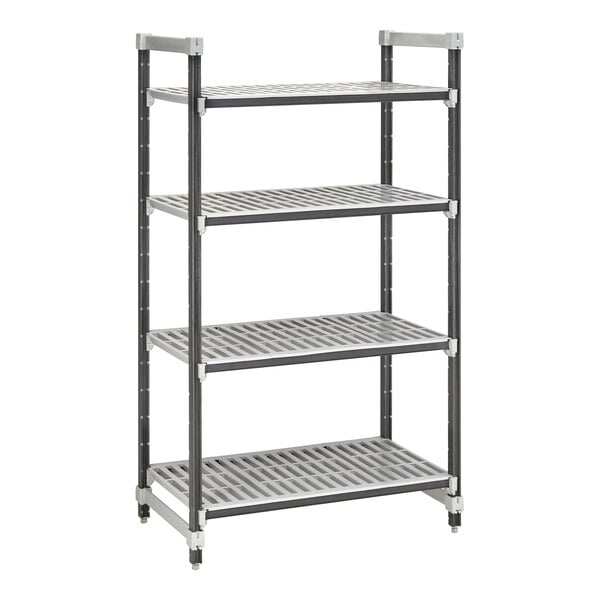 A grey and white Cambro Camshelving Elements XTRA starter unit with four shelves.