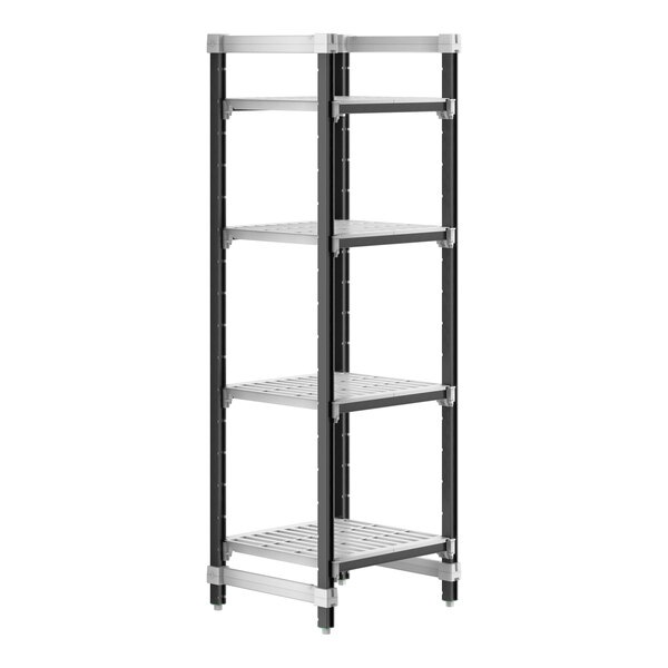 A black and grey Cambro Camshelving® Elements XTRA 4-shelf unit on wheels.