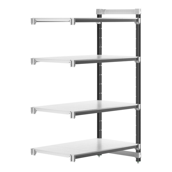 A white Cambro Camshelving Elements XTRA add-on unit with black metal shelves.
