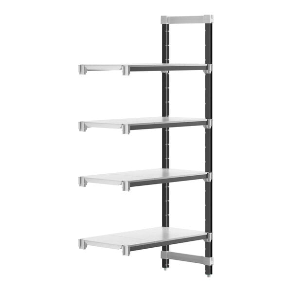 A white Cambro Camshelving Elements add-on unit with four black shelves.