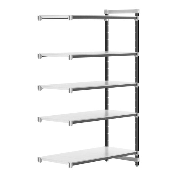 A white Camshelving Elements XTRA add-on unit shelf with black shelves and black handles.