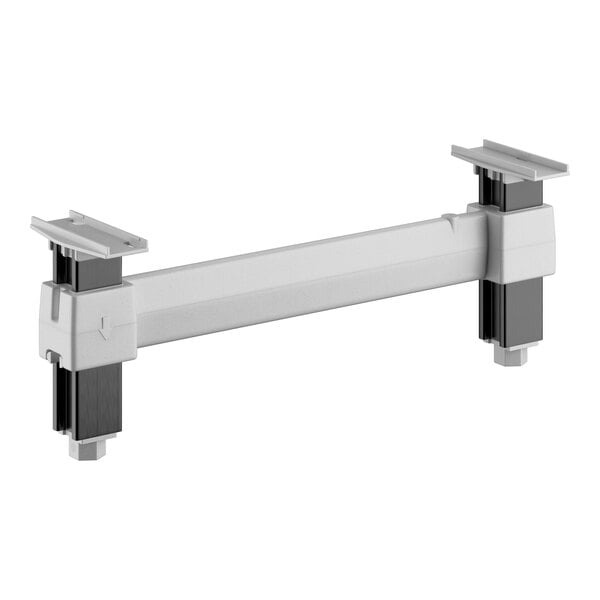 A white rectangular plastic Cambro Camshelving® dunnage stand with black metal legs.