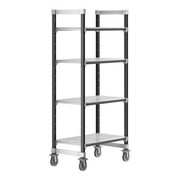 A black metal Cambro Camshelving unit with four vented shelves on wheels.