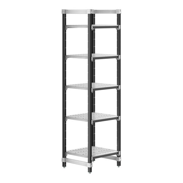 A black and silver Cambro Camshelving Elements XTRA 5-shelf unit.
