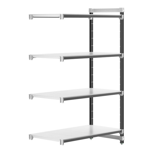 A white Cambro Camshelving Elements XTRA add-on shelf with black trim.